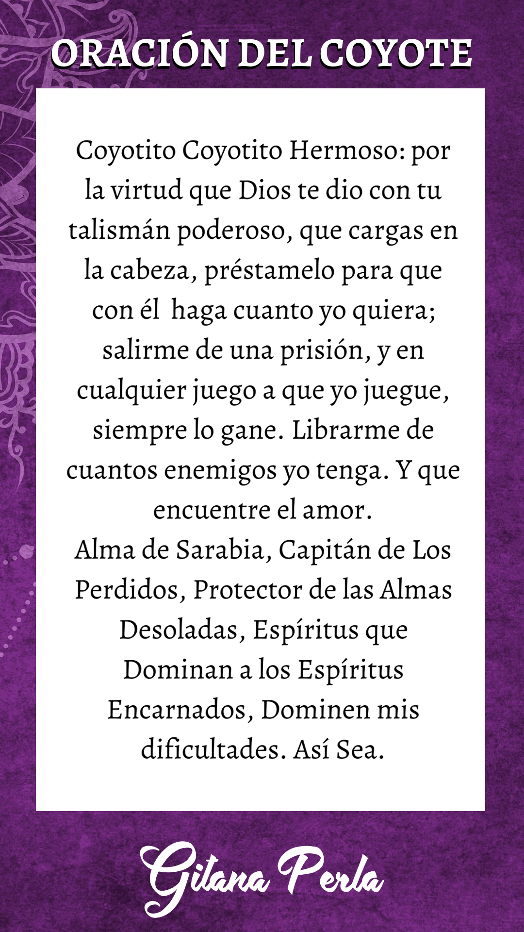 ORACION DEL COYOTE Oración del coyote.- Hoy es un día sumamente especial, y por esa razón he decidido poner al alcance de tu mano una oración muy poderosa que utilizo para realizar limpiezas energéticas de gran alcance.